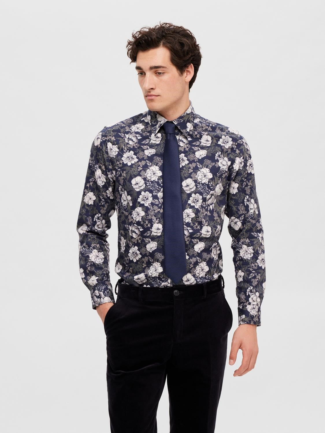 SELECTED Black Floral Classic Cotton Shirt