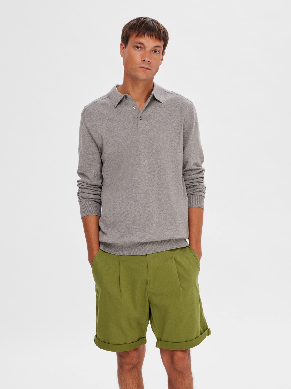 SELECTED Grey 3 Button Knit Poloshirt