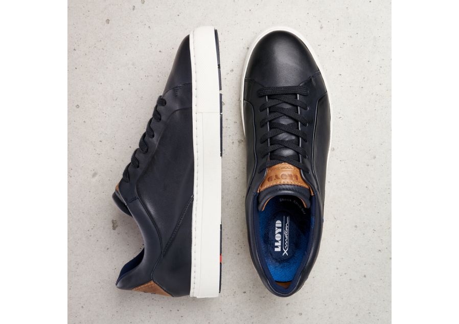 LLOYD Navy Leather Trainer with laces and a comfortable white cushion sole, available at StylishGuy Menswear Dublin