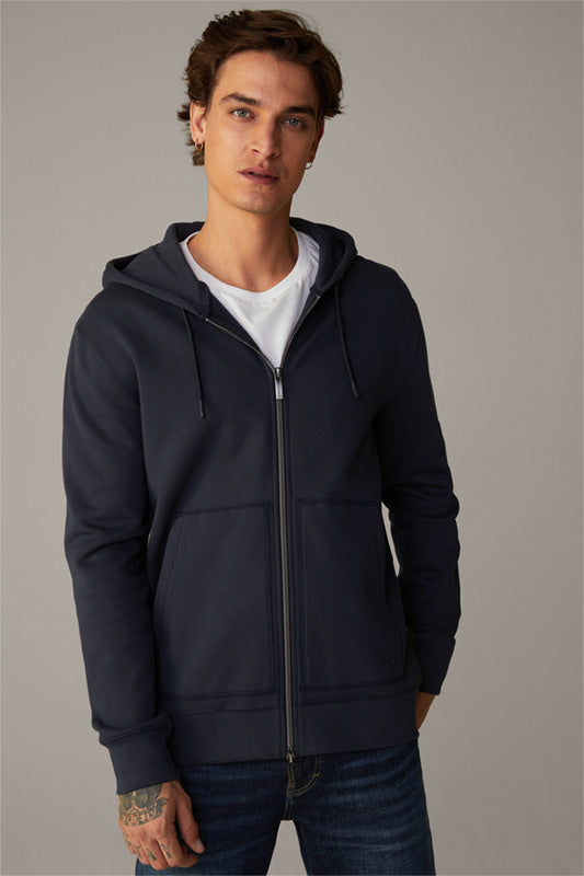 Strellson new season navy top quality full zip hoodie. Finishing details of a Drawstring and metallic zip. Elasticated bands at the wrists and waist. With kangaroo deep pockets.