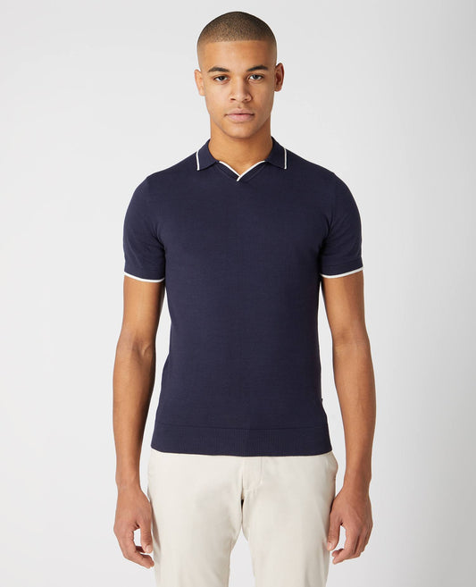 Remus Uomo Navy Cotton Polo White Stripe Detail