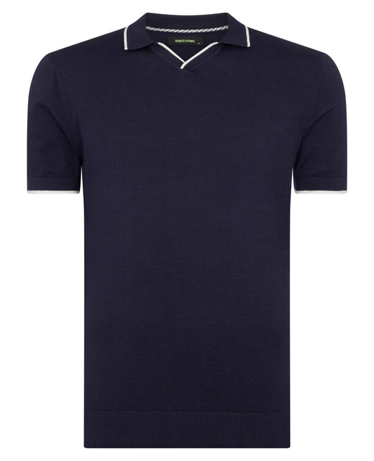Remus Uomo Navy Cotton Polo White Stripe Detail