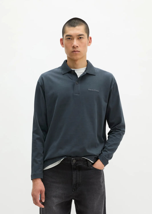 Marc O'Polo Relaxed Long Sleeve Polo in Grey