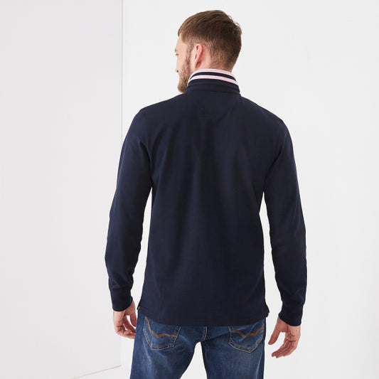 Mens Eden Park Paris navy cotton long sleeve jersey with a striped under collar and a Eden Park bow logo, available at StylishGuy Menswear Dublin.