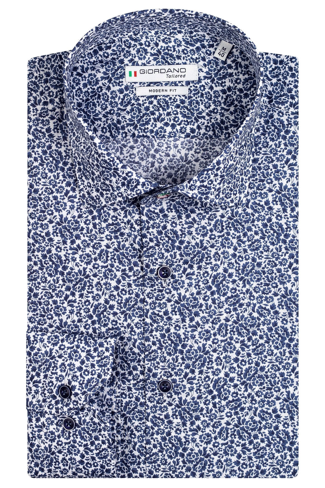 Giordano 100% cotton shirt. White and navy floral print shirt. The perfect summer light shirt. Dressed casually not tucked in, or more formal tucked in. Great paired with jeans and chinos but also shorts.