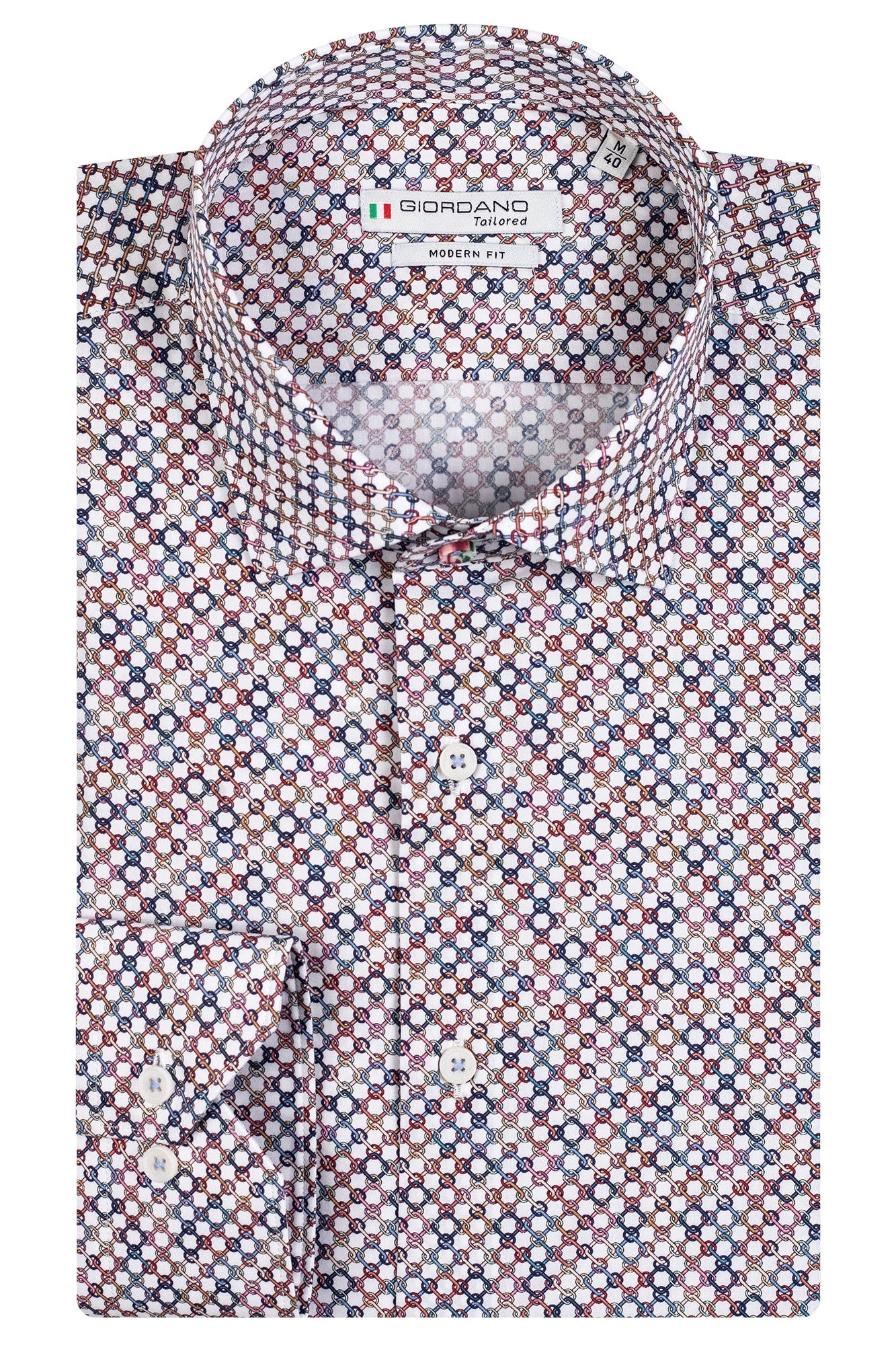 Giordano 100% cotton shirt. Circular patterned shirt in a mix of colours. The perfect summer light shirt. Dressed casually not tucked in, or more formal tucked in. Great paired with jeans and chinos but also shorts. 