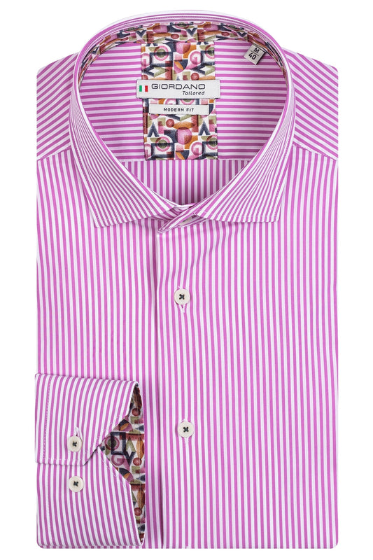 Giordano 100% cotton shirt. Light pink pin stripe pattern. The perfect summer light shirt. Dressed casually not tucked in, or more formal tucked in. Great paired with jeans and chinos but also shorts. 