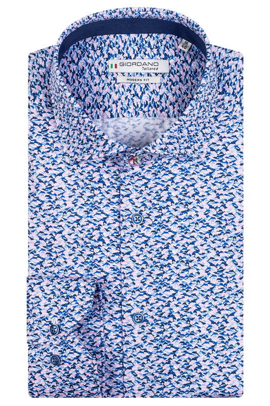 Giordano 100% cotton shirt. Soft pink and navy wave print shirt. Harringbone design. The perfect summer light shirt. Dressed casually not tucked in, or more formal tucked in. Great paired with jeans and chinos but also shorts.