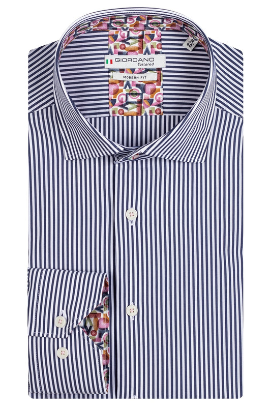 Giordano 100% cotton shirt. Navy pin stripe pattern. The perfect summer light shirt. Dressed casually not tucked in, or more formal tucked in. Great paired with jeans and chinos but also shorts. 