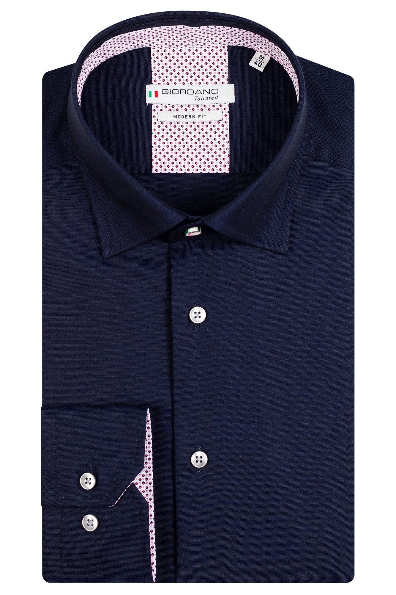 Giordano 100% cotton shirt.Navy shirt with soft pink and navy polka dot print on the lining of collar and cuff. Harringbone design. The perfect summer light shirt. Dressed casually not tucked in, or more formal tucked in. Great paired with jeans and chinos but also shorts.