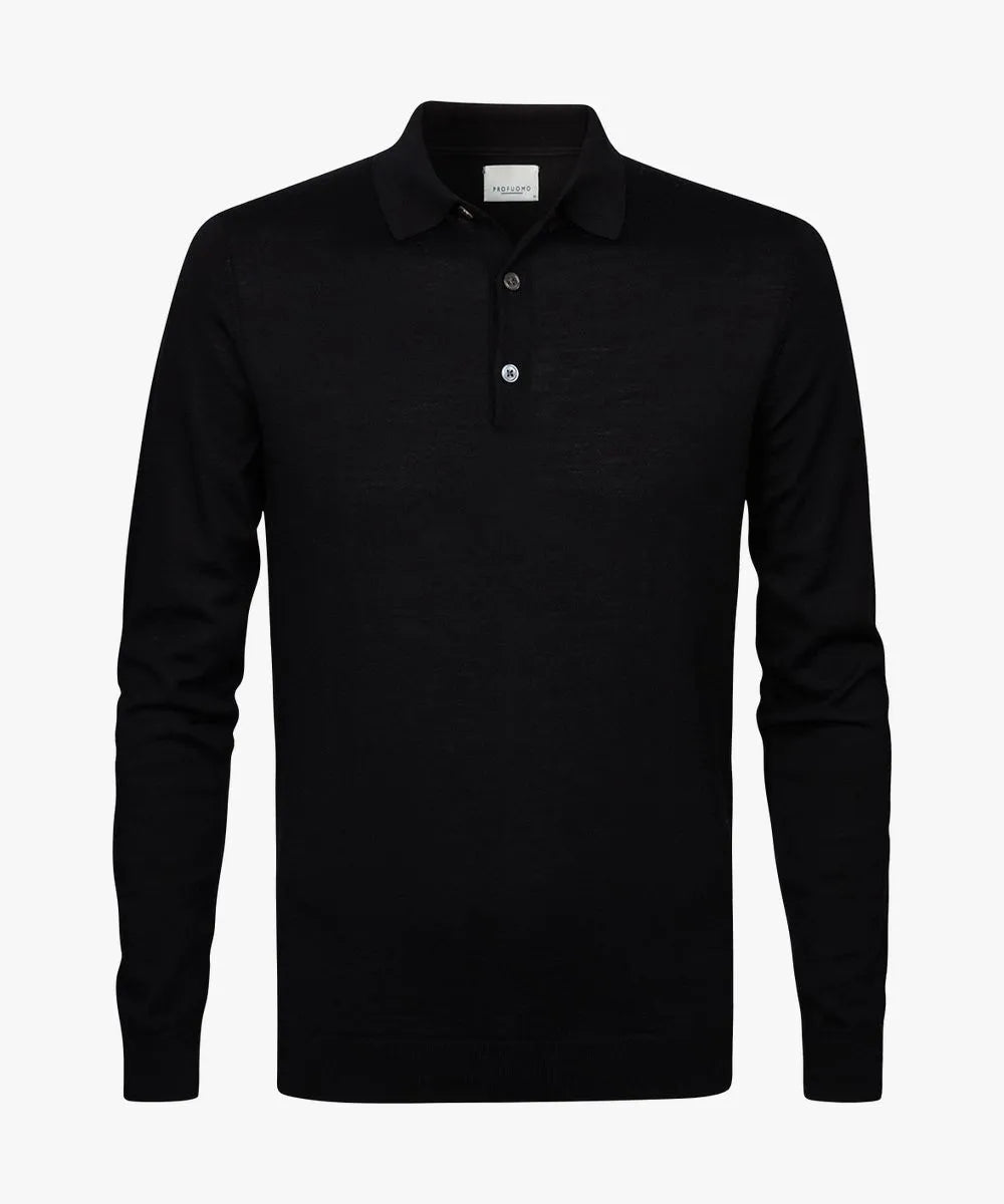 Profuomo Black Merino Longsleeve 3 button Poloshirt