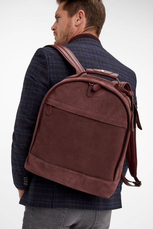 Men's dark red suede backpack with a soft cotton lining from Van Gils Fashion at StylishGuy Menswear Dublin