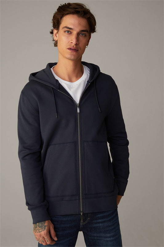 Strellson new season navy top quality full zip hoodie. Finishing details of a Drawstring and metallic zip. Elasticated bands at the wrists and waist. With kangaroo deep pockets. 