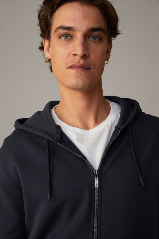 Strellson new season navy top quality full zip hoodie. Finishing details of a Drawstring and metallic zip. Elasticated bands at the wrists and waist. With kangaroo deep pockets. 