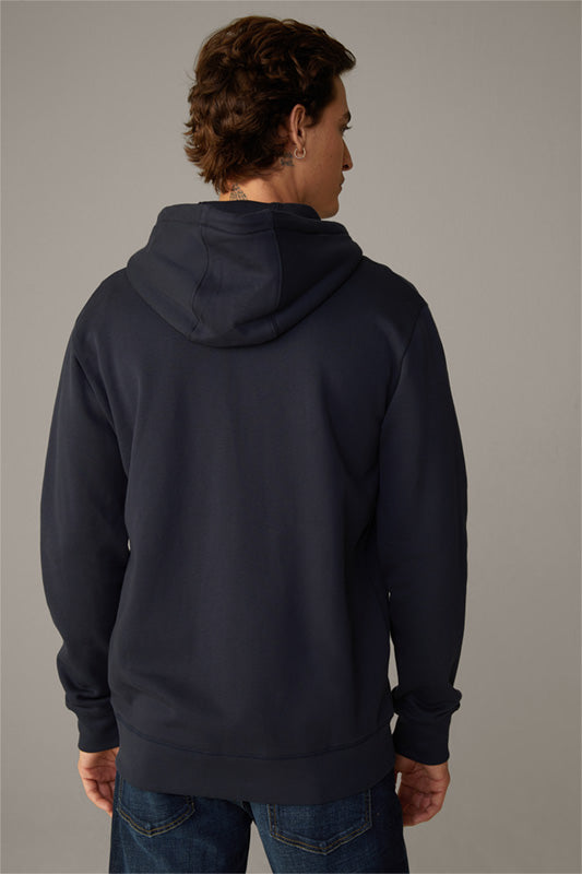 Strellson new season navy top quality full zip hoodie. Finishing details of a Drawstring and metallic zip. Elasticated bands at the wrists and waist. With kangaroo deep pockets. 
